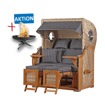 Strandkorb DÜNE Design grau mit Nadelstreifen inkl. Gratis Feuerschale – ideal für Ihre Outdoor-Möbel Kollektion!.