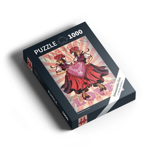 Das Puzzle „Die Schwarzwald-Ikone“ ist eine 1000-teilige Schachtel, die zwei Frauen in traditioneller Kleidung mit einem herzförmigen Lebkuchen zeigt, inspiriert von SECRET SCHWARZWALD AFFAIRS und der Kunst von Michael Meier.