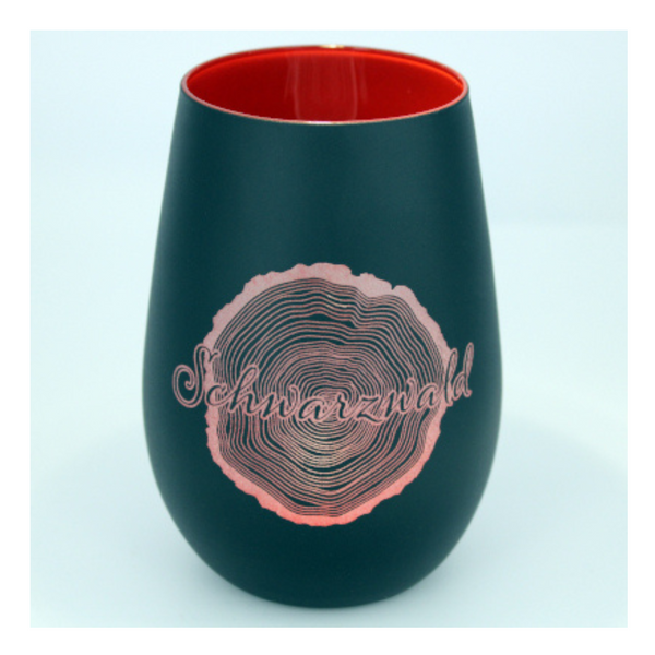 Mattschwarze Glaswindlichter mit Schwarzwaldgravur im roségoldenen Baumringdesign und roter Innenseite – perfekt für jede Schwarzwaldliebe oder Schwarzwalddame.