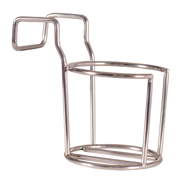 Der Strandkorb Zubehör Glas-/Becherhalter aus Edelstahl hat einen offenen, runden Boden und einen Haken zum Aufhängen – das ideale Zubehör für Ihren Strandkorb.