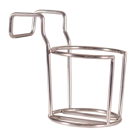 Der Strandkorb Zubehör Glas-/Becherhalter aus Edelstahl hat einen offenen, runden Boden und einen Haken zum Aufhängen – das ideale Zubehör für Ihren Strandkorb.