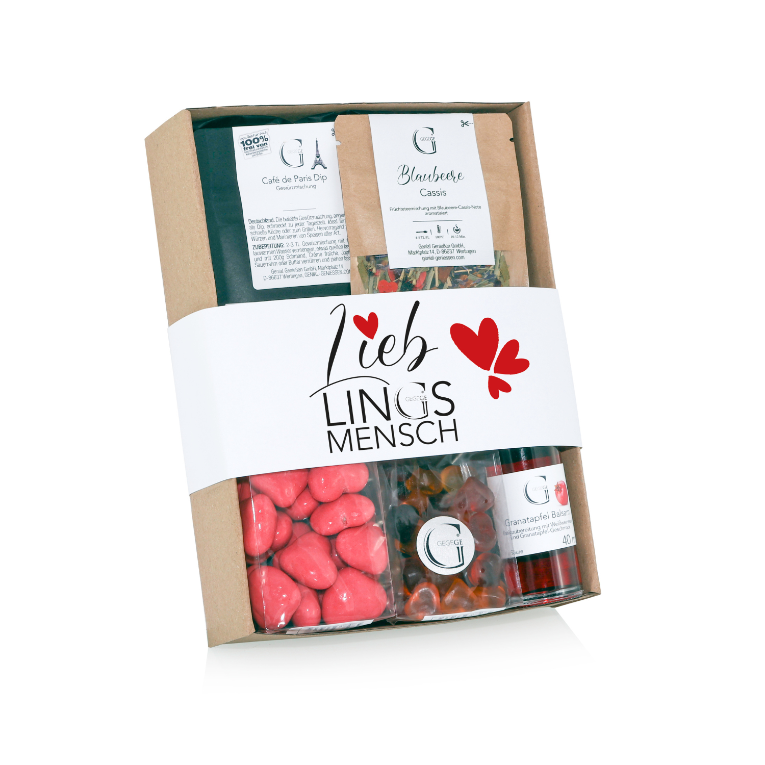 Geschenk-Set Lieblingsmensch S: Geschenkbox mit Snacks, Bonbons, Tee und Granatapfel Balsam. Mit „Lieblingsmensch“-Schriftzug und roter Herzgrafik auf der Verpackung – eine perfekte Überraschung für einen besonderen Menschen.