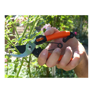 Eine Hand verwendet die Gartenschere „Damenschere & Wunderschere“ mit orangefarbenem Griff, um im Freien einen grünen Pflanzenstamm zu schneiden.
