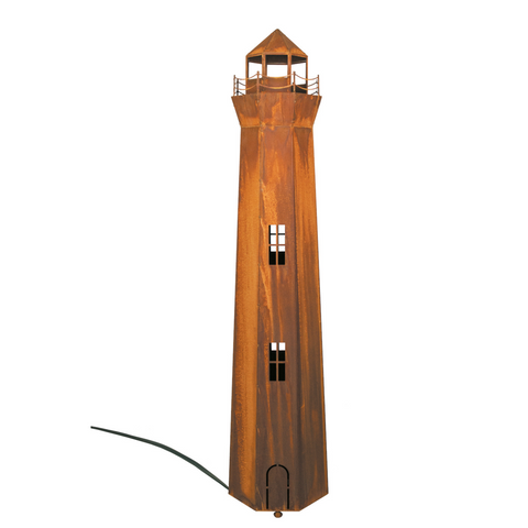 Der Edelrost-Leuchtturm mit Beleuchtungssatz aus Metall mit Fenstern und kleiner Tür ist ideal als originelle Außenbeleuchtung für Garten oder Terrasse – dekorativ im angesagten Rost-Look.