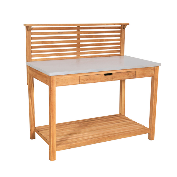 Der Pflanztisch Teak verfügt über eine verzinkte Arbeitsfläche, massives Teakholz, einen Lamellenrücken, eine ausziehbare Schublade, ein unteres Ablagefach und eine glatte Arbeitsoberfläche.