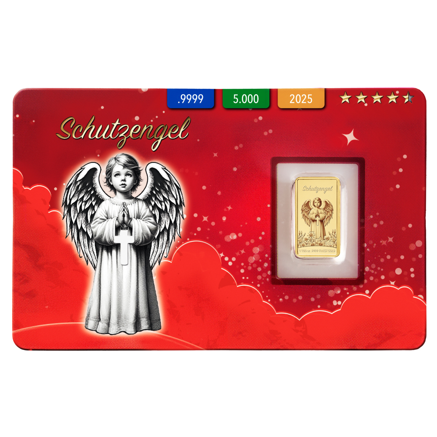 Goldbarren Motiv Schutzengel in roter Karte