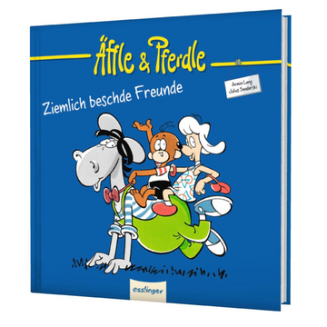 Buchcover von Äffle & Pferdle – Ziemlich beschde Freunde, das das klassische Cartoon-Duo auf blauem Hintergrund zeigt und in dieser Jubiläumsausgabe schwäbischen Humor zelebriert.