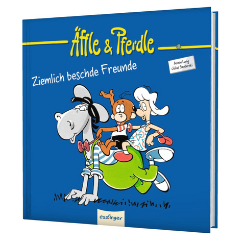 Buchcover von Äffle & Pferdle – Ziemlich beschde Freunde, das das klassische Cartoon-Duo auf blauem Hintergrund zeigt und in dieser Jubiläumsausgabe schwäbischen Humor zelebriert.