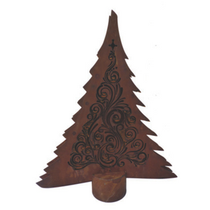 Der Baum Leander inkl. Beleuchtung ist eine Weihnachtsbaumskulptur aus Metall in Edelrost-Optik mit aufwendigen, wirbelnden Ausschnittmustern und montiert auf einem runden Sockel.