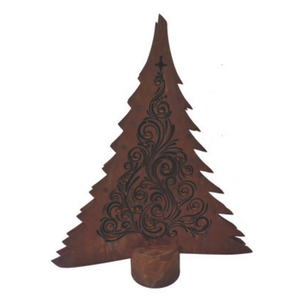 Der Baum Leander inkl. Beleuchtung ist eine Weihnachtsbaumskulptur aus Metall in Edelrost-Optik mit aufwendigen, wirbelnden Ausschnittmustern und montiert auf einem runden Sockel.
