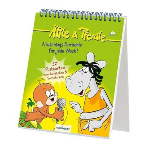 Das spiralgebundene „Äffle & Pferdle – Ein luschtigs Sprüchle für jede Woche“ enthält den Cartoon „Äffle & Pferdle“, „Schwäbische Weisheiten“ und 52 heraustrennbare Postkarten – eine für jede Woche.