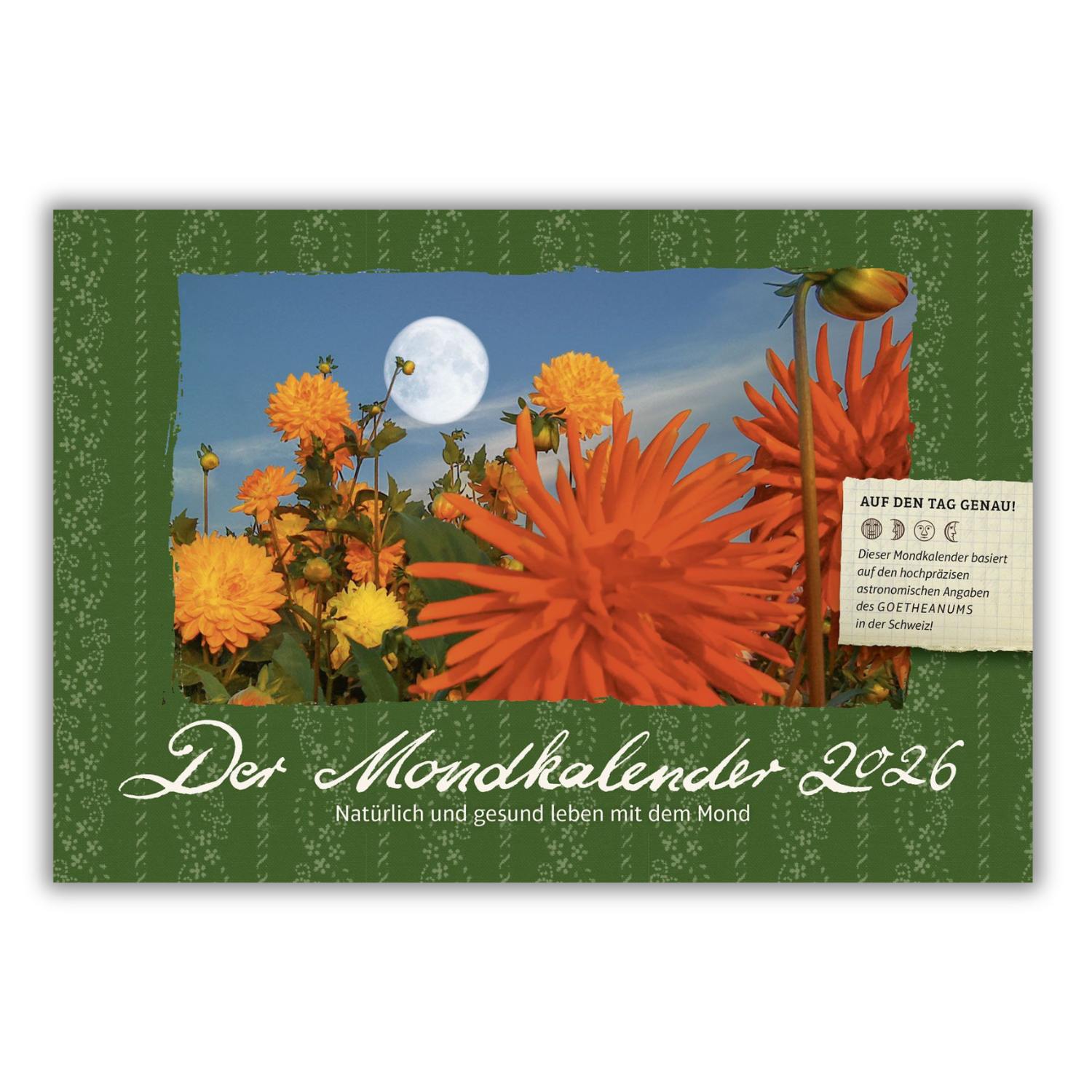 Der Mondkalender 2026 mit Orangenen Blüten vor dem Vollmond,  Produktbild