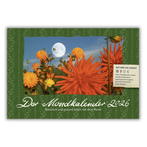 Der Mondkalender 2026 mit Orangenen Blüten vor dem Vollmond,  Produktbild