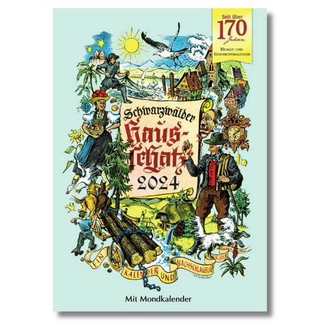 Farbenfroh illustrierter Umschlag für „Schwarzwälder Hausschatz 2024“ mit ländlichen und traditionellen Schwarzwaldszenen aus der schwäbisch-alemannischen Region, Veranstaltungshighlights und einem detaillierten Mondkalender.