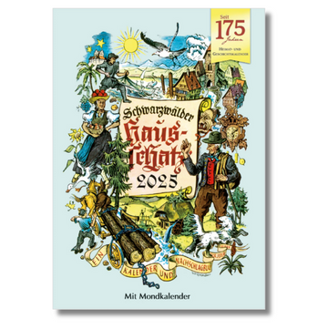 Der Schwarzwälder Hausschatz 2025 verfügt über einen farbenfrohen illustrierten Einband mit ländlichen und folkloristischen Szenen aus der schwäbisch-alemannischen Region zur Feier der Traditionellen Heimatfeste.