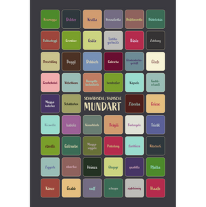 Das Mundart-Poster zeigt ein buntes Raster deutscher Dialektwörter auf weißem oder dunkelgrauem Hintergrund im Format 50 x 70 cm und ist damit ein lebendiges und einzigartiges Dekorationsstück.