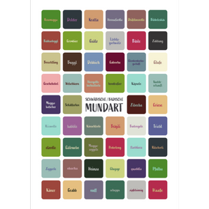 Das Mundart-Poster zeigt ein buntes Raster deutscher Dialektwörter auf weißem oder dunkelgrauem Hintergrund im Format 50 x 70 cm und ist damit ein lebendiges und einzigartiges Dekorationsstück.