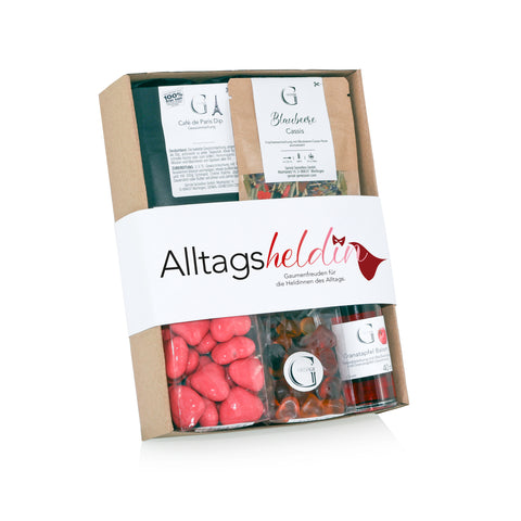Feinkost-Geschenk-Set mit Banderole mit Aufschrift Alltagsheldin