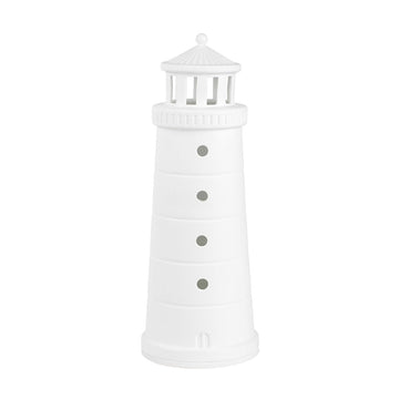 Der Porzellanleuchtturm ist eine weiße Leuchtturmfigur aus Porzellan mit vier runden Fenstern und einer gewölbten Spitze, ideal, um maritime Urlaubsstimmung in jeden Raum zu bringen.